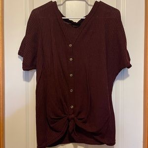 Maroon Sweater Knit Button Up Tie Tee, size Large